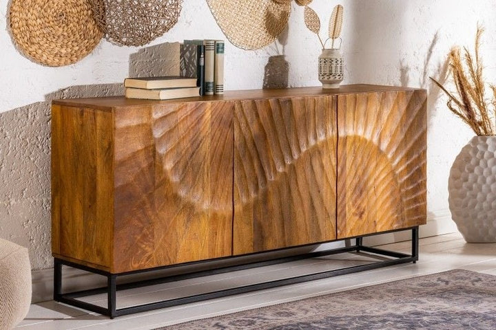 Buffet massif SCORPION 140cm en bois de manguier marron sculpture 3D détaillée - 41400