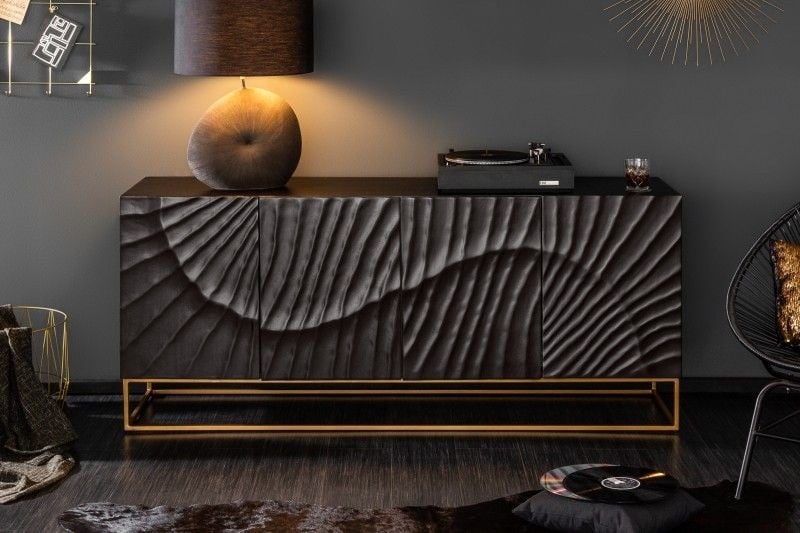 Buffet massif SCORPION 177 cm en bois de manguier noir avec sculpture 3D détaillée - 39232