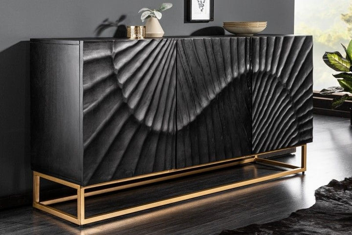 Buffet massif SCORPION 140 cm en manguier noir avec gravures 3D détaillées - 41399