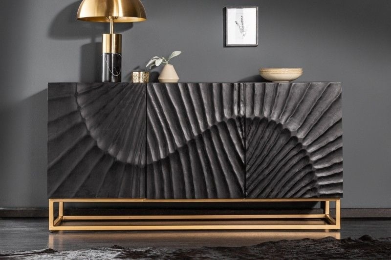 Buffet massif SCORPION 140 cm en manguier noir avec gravures 3D détaillées - 41399