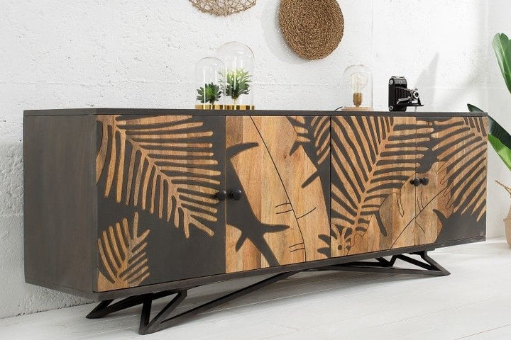 Buffet Massives TROPICAL 160cm gris fleurs Mangoholz Design Boho structure métal - 38728