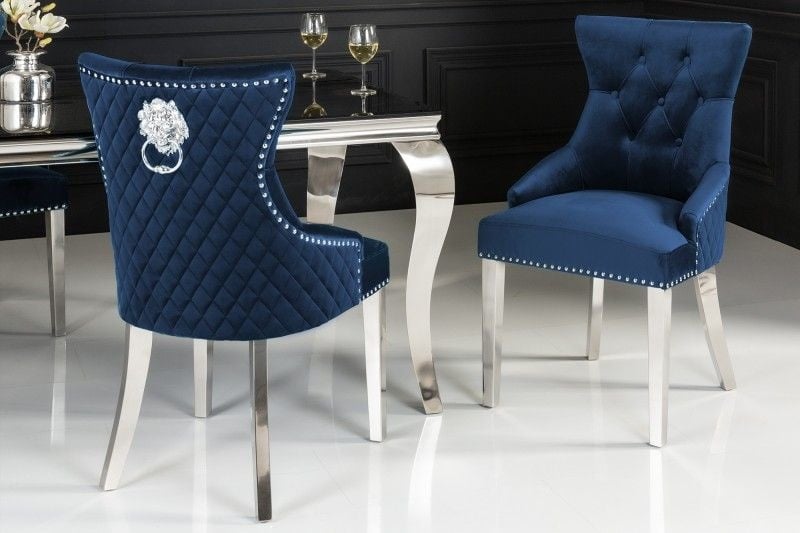 Chaise baroque CASTLE DELUXE tête de lion en velours bleu royal Chesterfield chaise de salle à manger design rivets - 40473