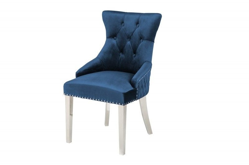 Chaise baroque CASTLE DELUXE tête de lion en velours bleu royal Chesterfield chaise de salle à manger design rivets - 40473