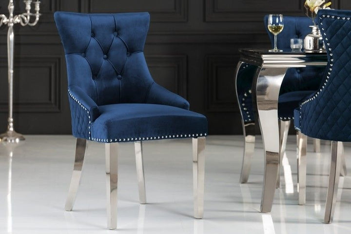 Chaise baroque CASTLE DELUXE tête de lion en velours bleu royal Chesterfield chaise de salle à manger design rivets - 40473
