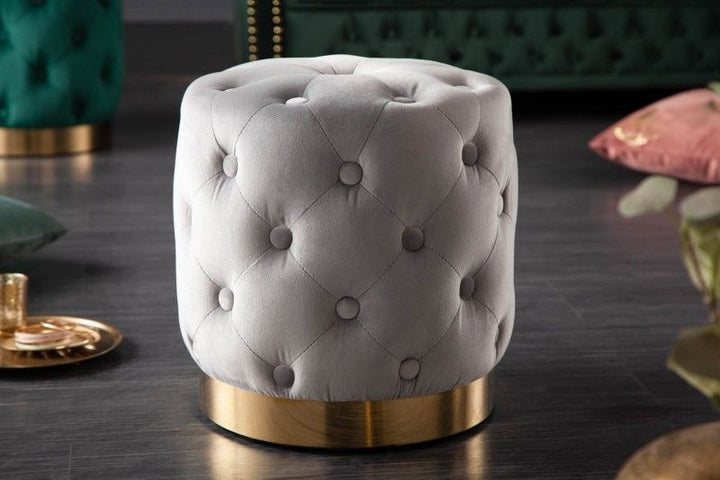 Tabouret design MODERNE BAROQUE 37cm velours noble gris or Chesterfield - 40731