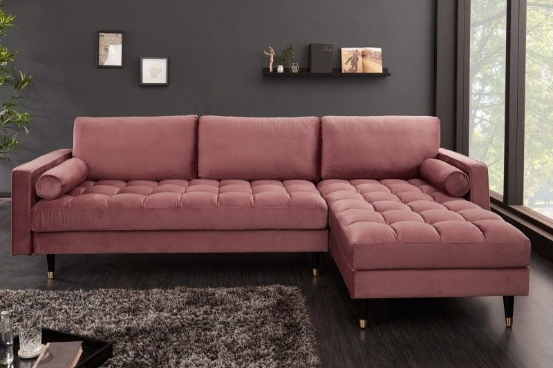 Canapé d'angle élégant COSY VELVET 260 cm canapé 3 places à ressorts en velours vieux rose - 40276