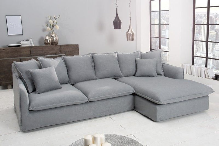Grand canapé d'angle HEAVEN 255cm tissu lin gris avec coussins style campagne - 37647