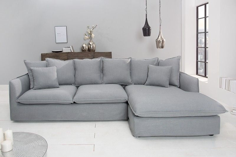 Grand canapé d'angle HEAVEN 255cm tissu lin gris avec coussins style campagne - 37647