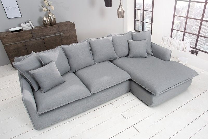 Grand canapé d'angle HEAVEN 255cm tissu lin gris avec coussins style campagne - 37647