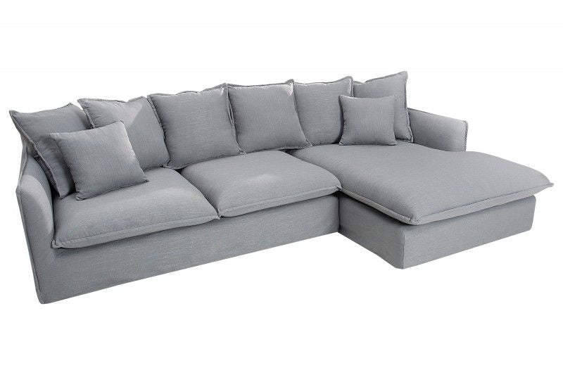 Grand canapé d'angle HEAVEN 255cm tissu lin gris avec coussins style campagne - 37647