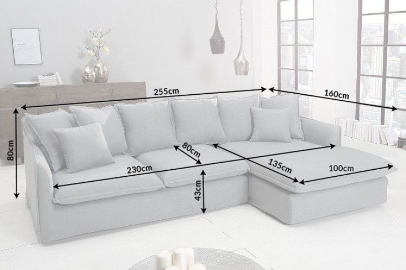 Grand canapé d'angle HEAVEN 255cm tissu lin gris avec coussins style campagne - 37647