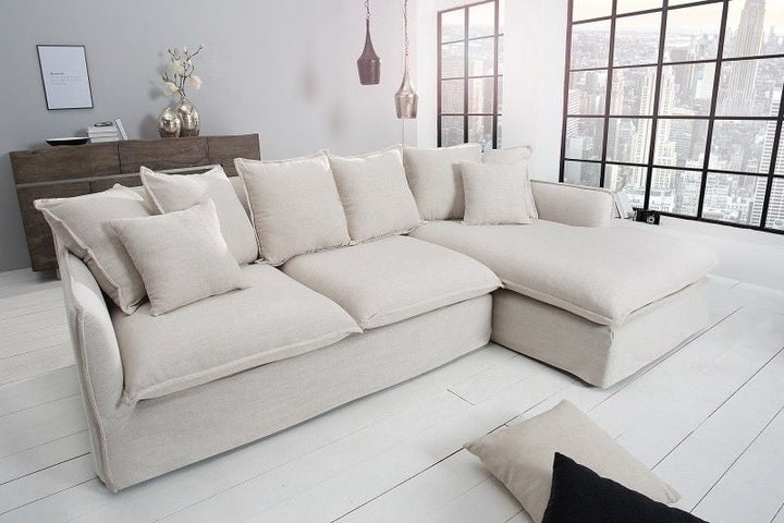 Grand canapé d'angle HEAVEN 255cm tissu lin naturel avec coussins style campagne - 37599