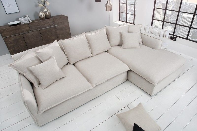Grand canapé d'angle HEAVEN 255cm tissu lin naturel avec coussins style campagne - 37599