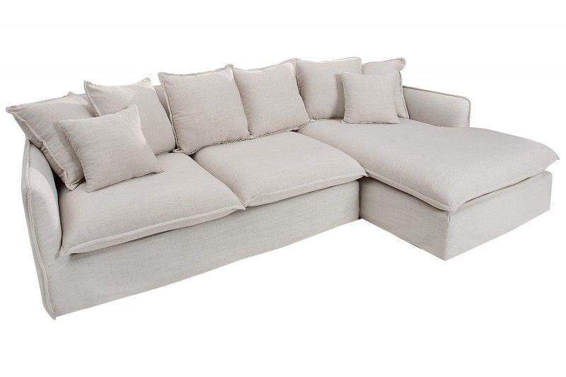 Grand canapé d'angle HEAVEN 255cm tissu lin naturel avec coussins style campagne - 37599