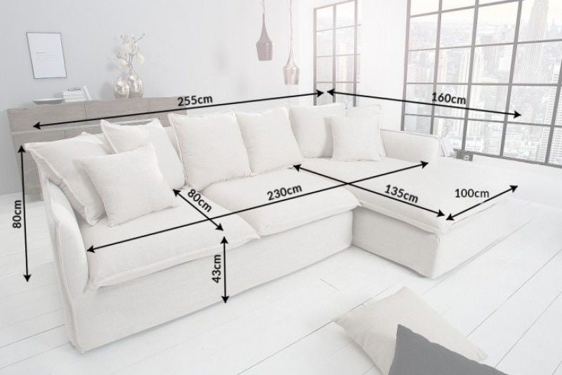 Grand canapé d'angle HEAVEN 255cm tissu lin naturel avec coussins style campagne - 37599