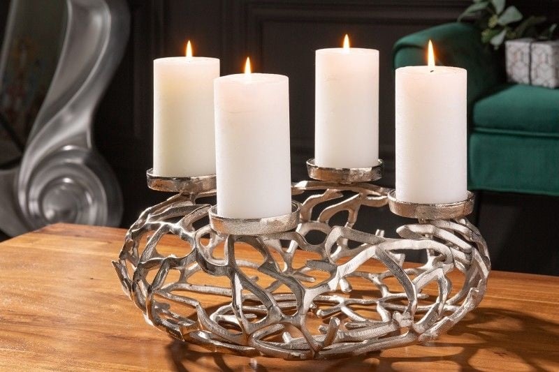 Bougeoir élégant ABSTRAIT 38cm couronne de branches argentées pour 4 bougies - 41277