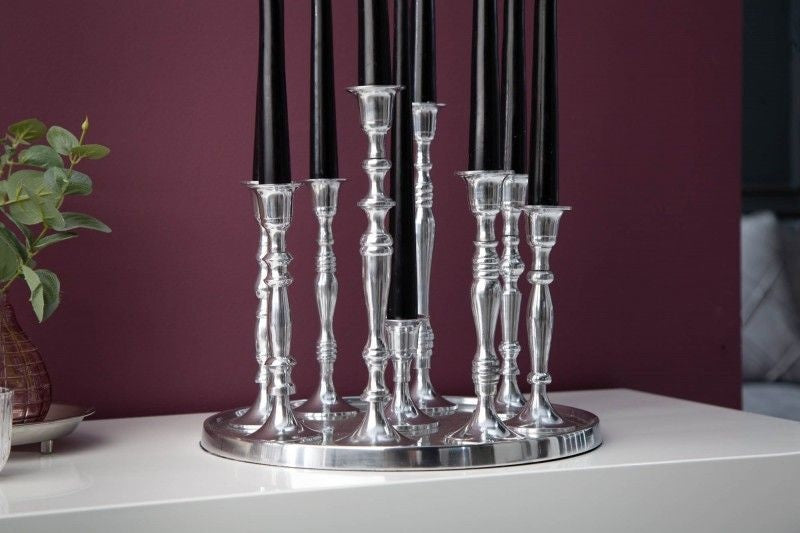 Bougeoir MODERNE BAROQUE 30cm bougeoir 9 flammes en aluminium poli argenté plaque décorative - 17366
