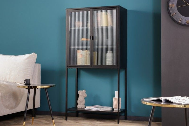 vitrine industrielle DURA STEEL 150cm buffet haut en verre rayé en métal noir - 41725