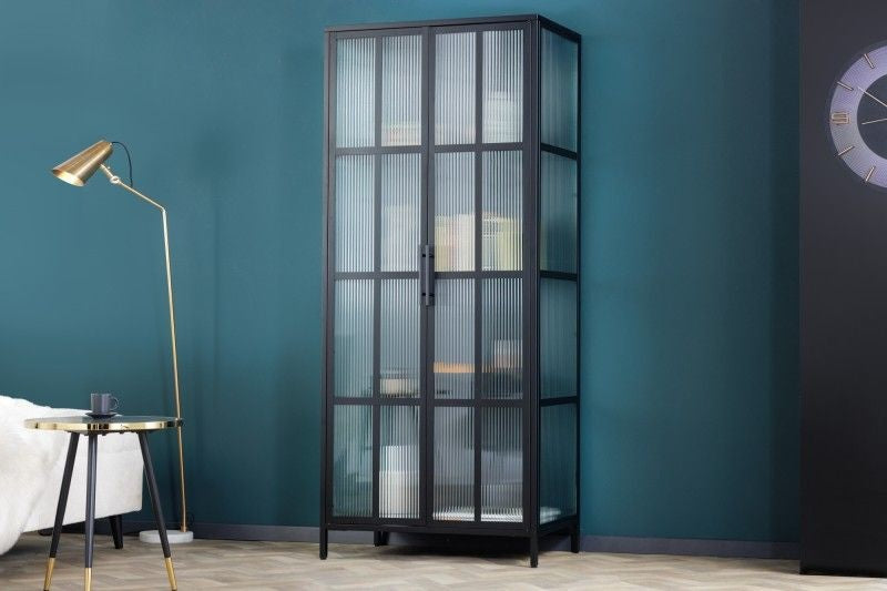 vitrine industrielle DURA STEEL 180cm buffet haut en verre rayé en métal noir - 41724