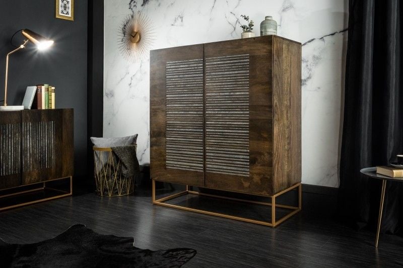 Buffet massif ONYX 120 cm bois de manguier marron foncé pierre précieuse agate structure métal doré - 39231