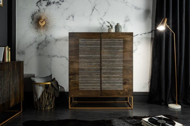 Buffet massif ONYX 120 cm bois de manguier marron foncé pierre précieuse agate structure métal doré - 39231
