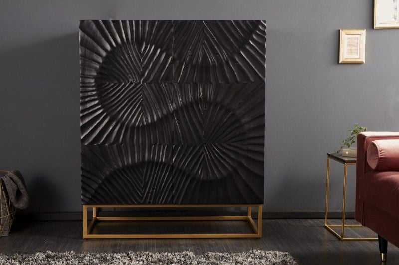 Buffet massif SCORPION 120cm en manguier noir avec gravures 3D détaillées - 39910