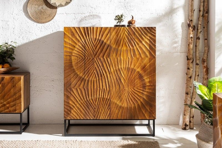 Buffet massif SCORPION 120cm en manguier marron avec gravures 3D détaillées - 40183