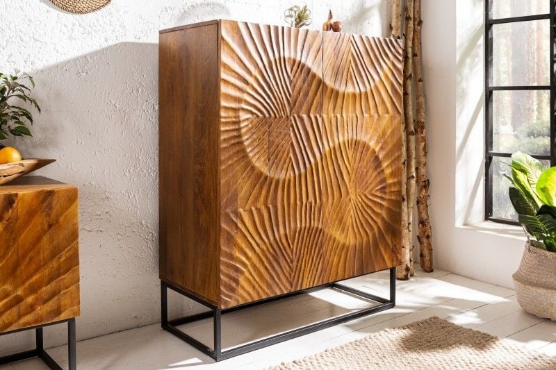 Buffet massif SCORPION 120cm en manguier marron avec gravures 3D détaillées - 40183