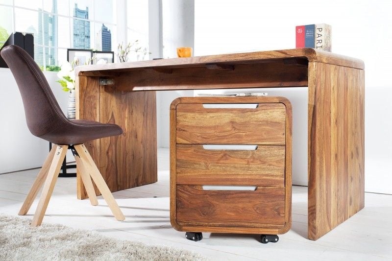 Conteneur roulant robuste CUBUS 60 cm Bois de Palissandre Sheesham finition Pierre 3 tiroirs - 35896