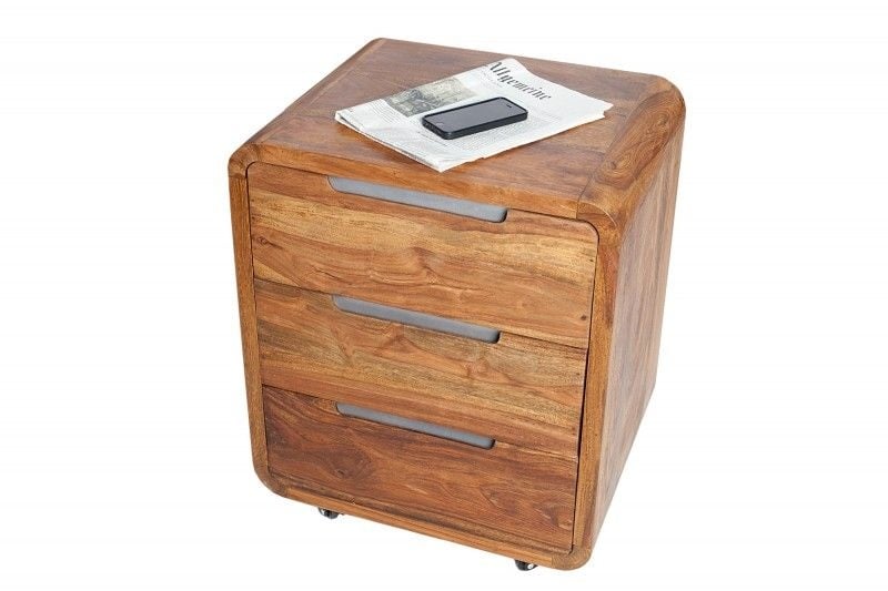 Conteneur roulant robuste CUBUS 60 cm Bois de Palissandre Sheesham finition Pierre 3 tiroirs - 35896