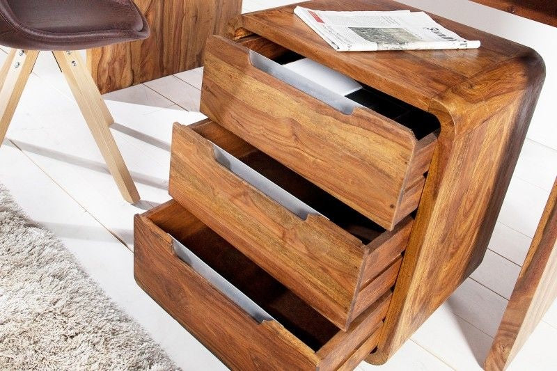 Conteneur roulant robuste CUBUS 60 cm Bois de Palissandre Sheesham finition Pierre 3 tiroirs - 35896