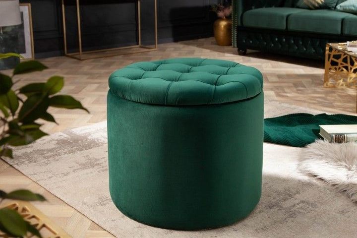 Tabouret élégant MODERN BAROQUE 50cm panier de rangement en velours vert foncé - 40737