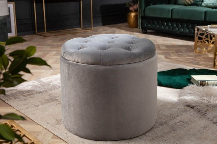 Tabouret élégant MODERN BAROQUE 50cm panier de rangement en velours gris argenté - 40735