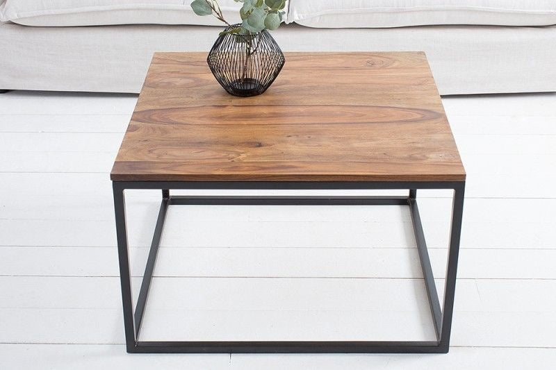 Table basse design ELEMENTS 70cm finition pierre de Sesham structure en fer noir mat bois massif - 38603