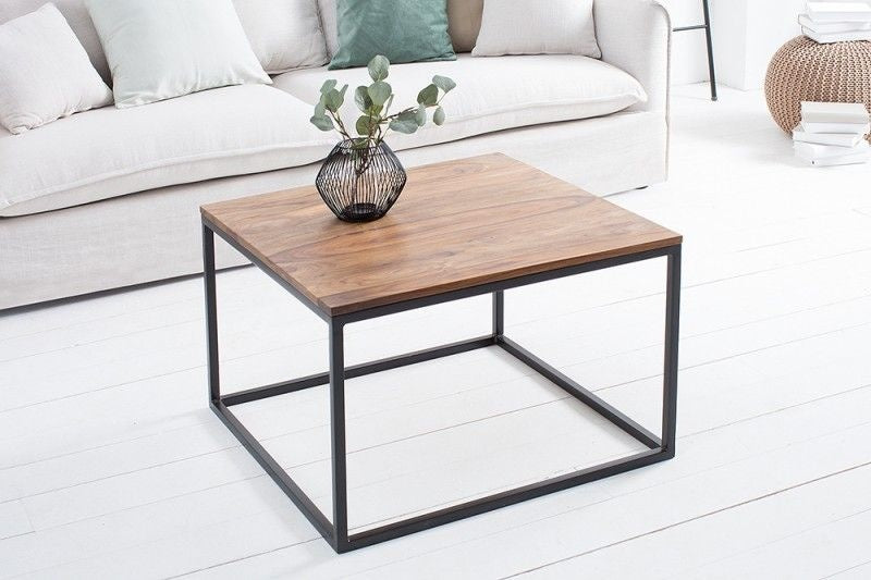 Table basse design ELEMENTS 70cm finition pierre de Sesham structure en fer noir mat bois massif - 38603