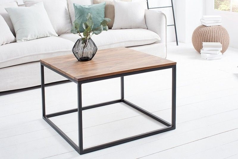 Table basse design ELEMENTS 70cm finition pierre de Sesham structure en fer noir mat bois massif - 38603