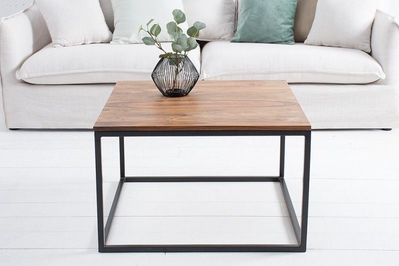 Table basse design ELEMENTS 70cm finition pierre de Sesham structure en fer noir mat bois massif - 38603