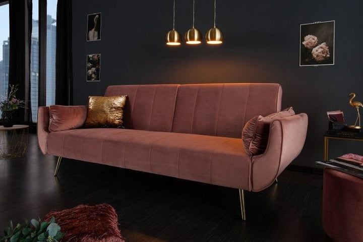 Canapé lit rétro DIVANI 220cm velours vieux rose pieds dorés fonction lit canapé 3 places - 40091