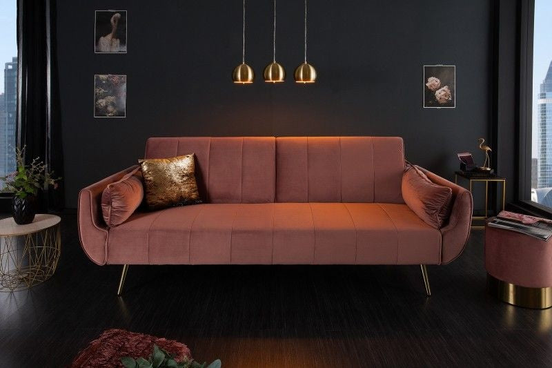 Canapé lit rétro DIVANI 220cm velours vieux rose pieds dorés fonction lit canapé 3 places - 40091