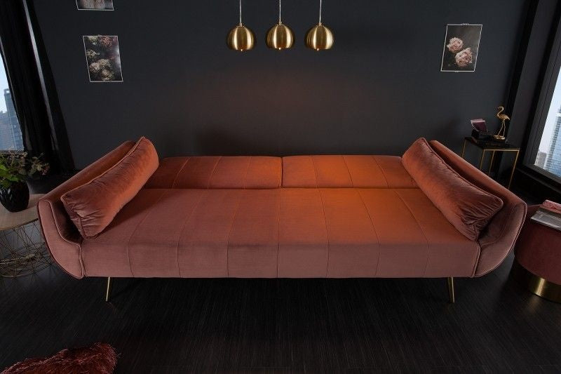 Canapé lit rétro DIVANI 220cm velours vieux rose pieds dorés fonction lit canapé 3 places - 40091
