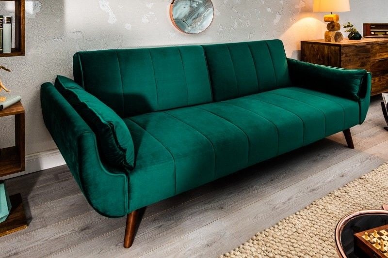 Canapé lit rétro DIVANI 220 cm canapé 3 places en velours vert émeraude avec fonction lit - 40089