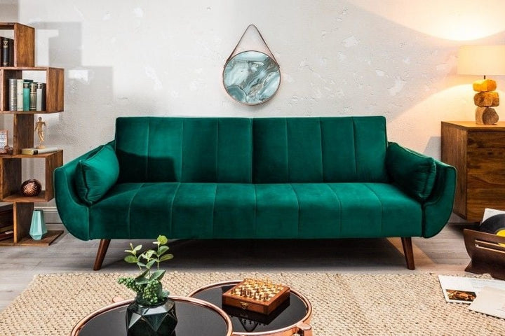 Canapé lit rétro DIVANI 220 cm canapé 3 places en velours vert émeraude avec fonction lit - 40089