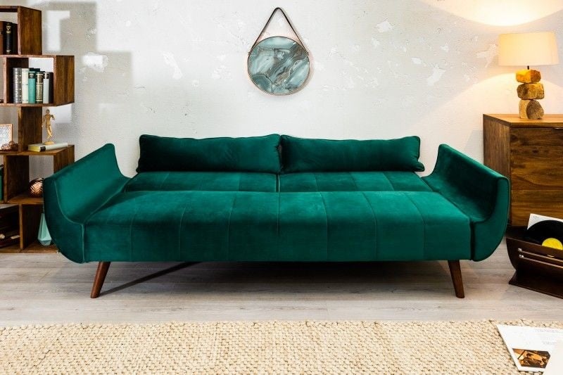 Canapé lit rétro DIVANI 220 cm canapé 3 places en velours vert émeraude avec fonction lit - 40089