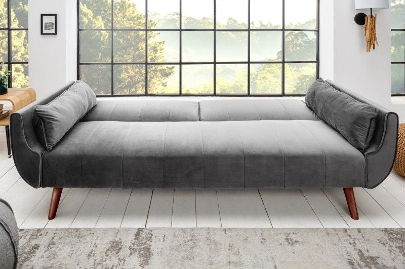 Canapé lit rétro DIVANI 220cm canapé 3 places en velours gris argenté avec fonction lit - 40087
