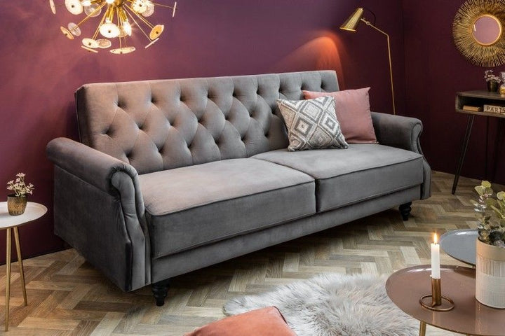 Canapé Chesterfield 3 places MAISON BELLE AFFAIRE 220cm velours gris 3 places avec fonction couchage - 40083