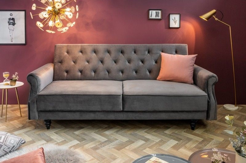 Canapé Chesterfield 3 places MAISON BELLE AFFAIRE 220cm velours gris 3 places avec fonction couchage - 40083
