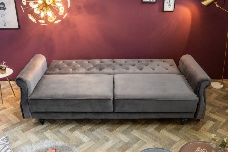 Canapé Chesterfield 3 places MAISON BELLE AFFAIRE 220cm velours gris 3 places avec fonction couchage - 40083