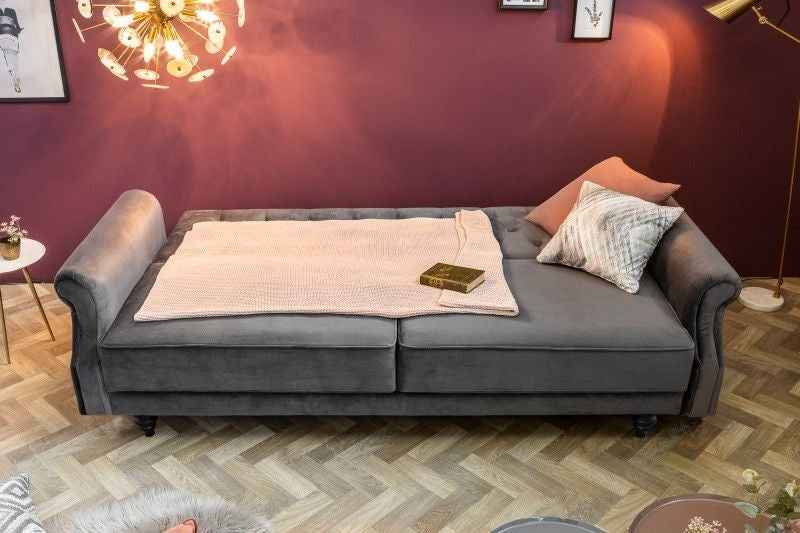 Canapé Chesterfield 3 places MAISON BELLE AFFAIRE 220cm velours gris 3 places avec fonction couchage - 40083