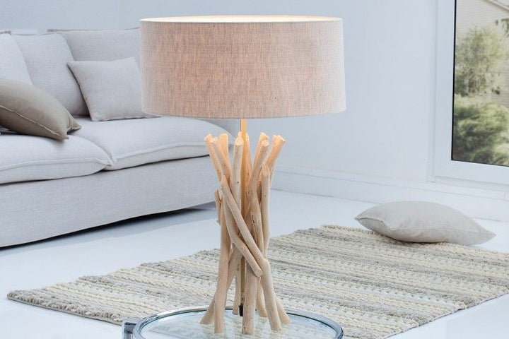 Lampe de table design en bois flotté WILD NATURE 62cm sable avec abat-jour en lin - 38154