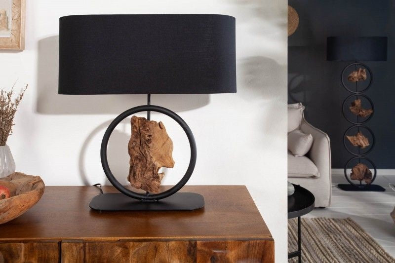 Lampe de table design ELEMENTS 58cm abat-jour en coton noir socle bois massif - 40399
